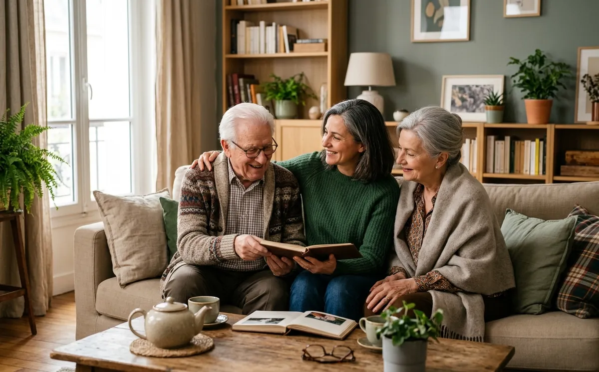 Un adulte accompagnant ses parents âgés lors d'un moment familial
