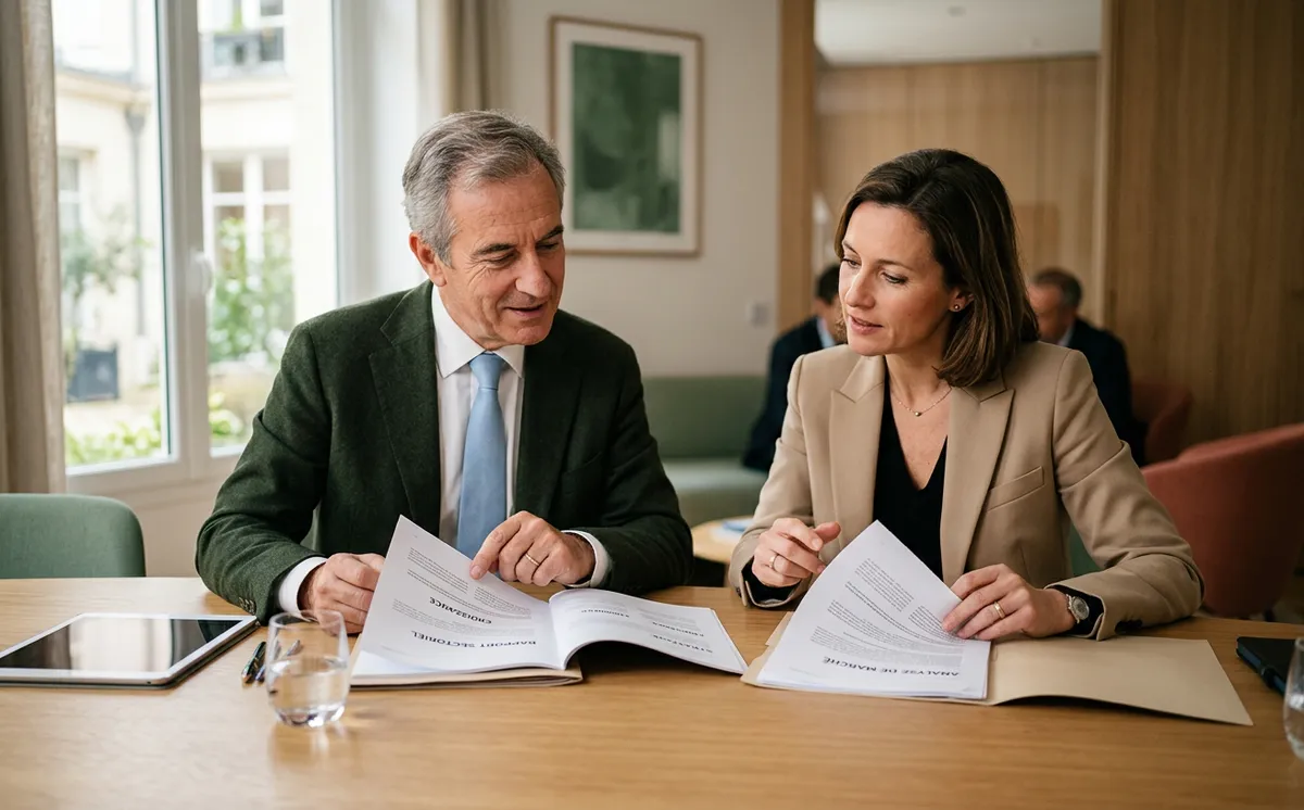 Deux dirigeants comparant des documents de prévoyance sur une table de réunion