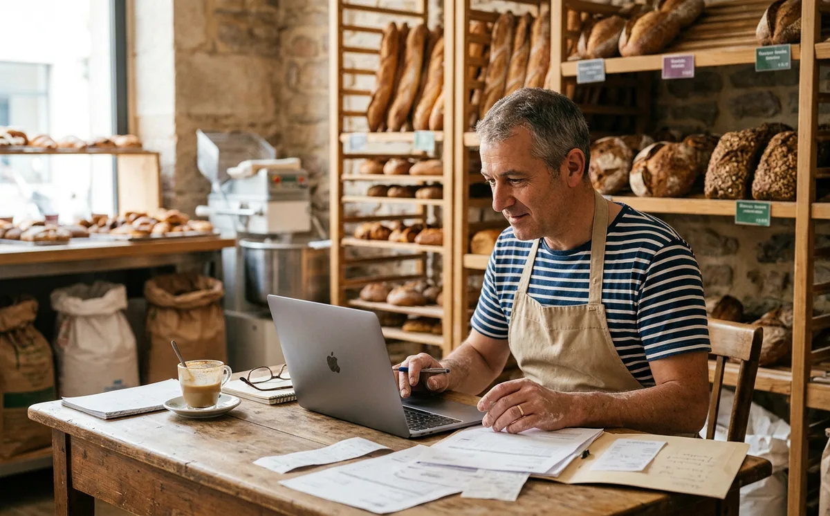 Artisan boulanger gérant les documents de sa mutuelle d'entreprise en arrière-boutique
