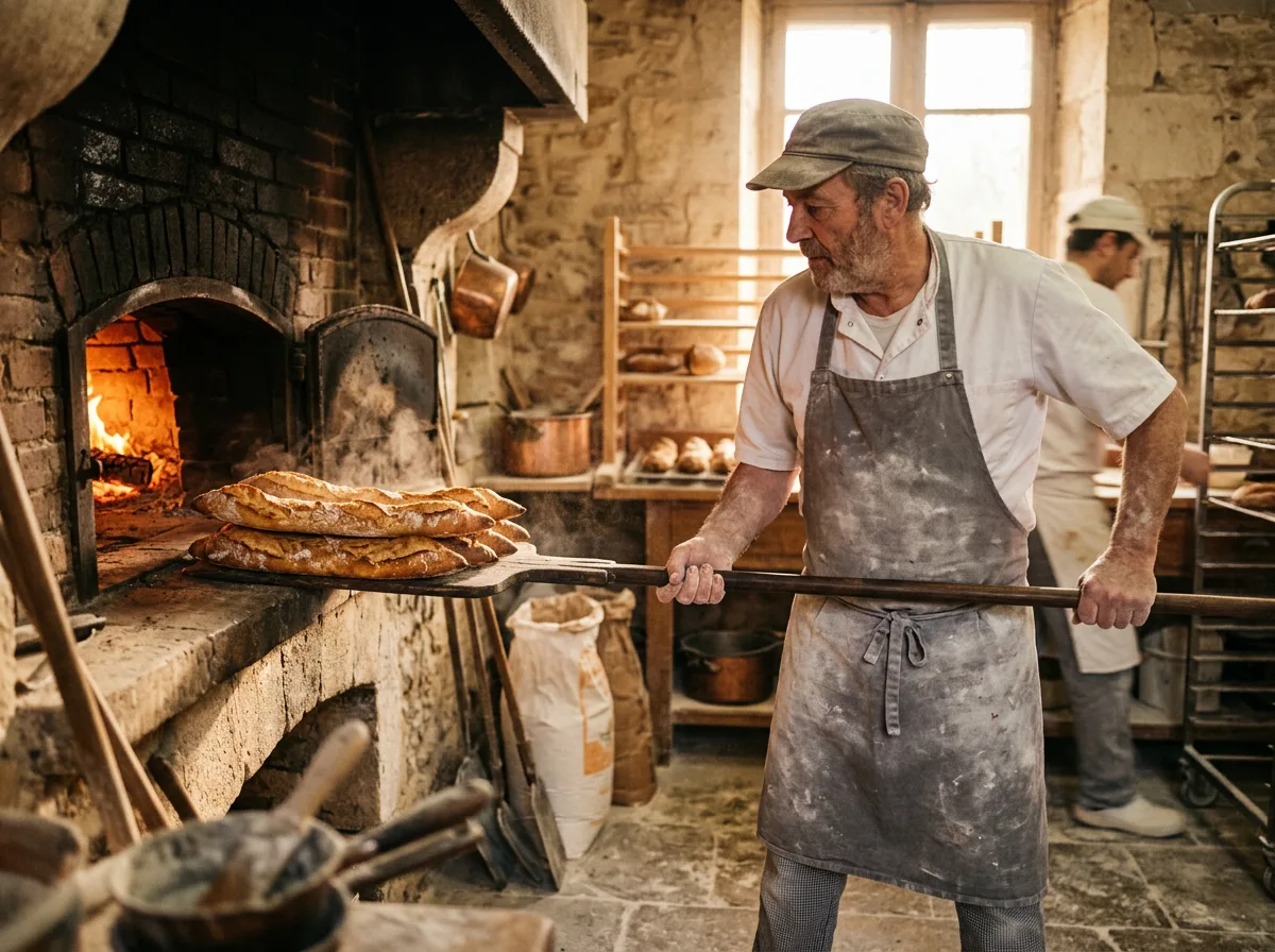 Boulanger au fournil sortant des baguettes fraîches du four