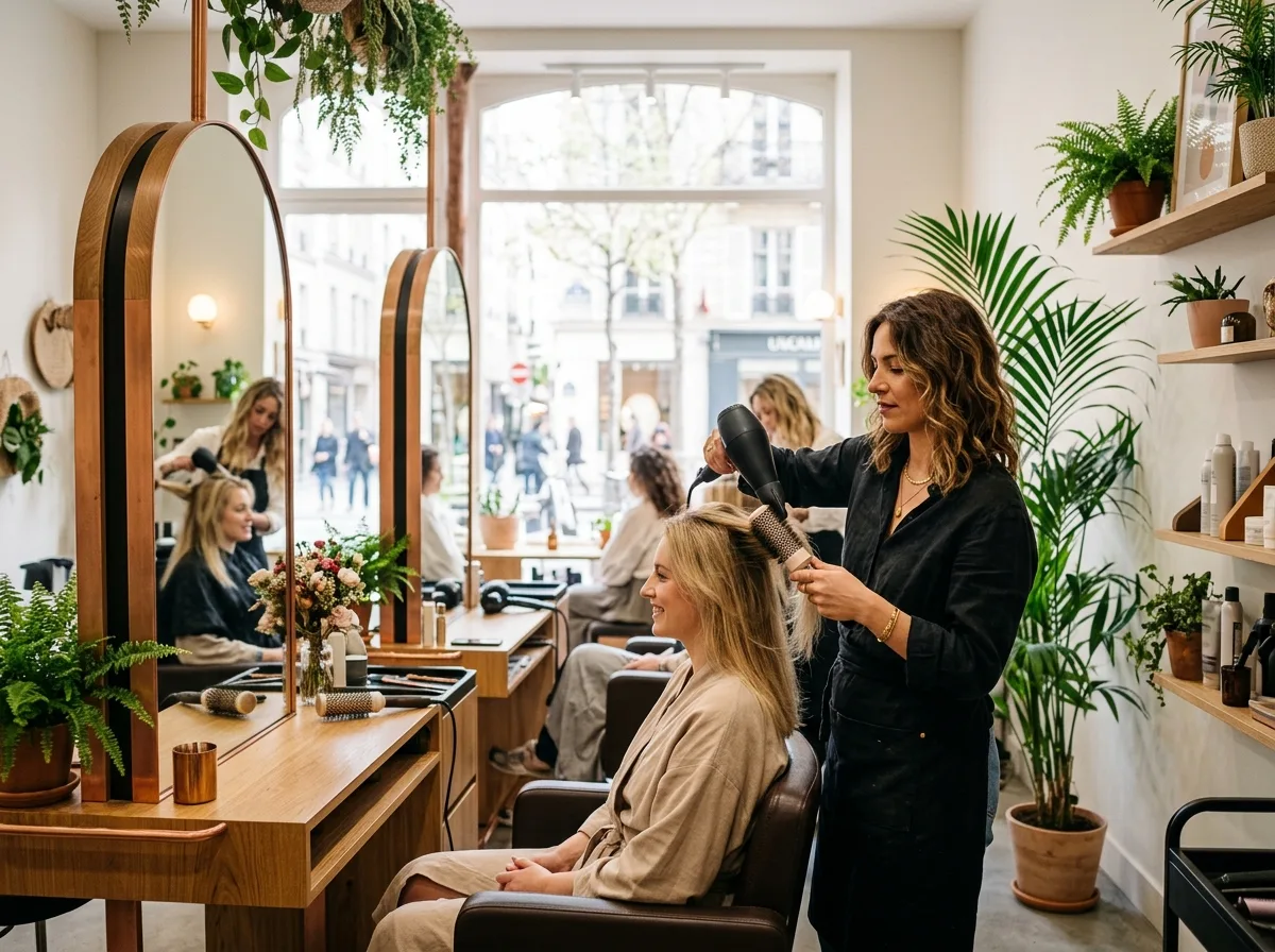 Coiffeuse au travail auprès d'une cliente dans un salon de coiffure moderne et lumineux