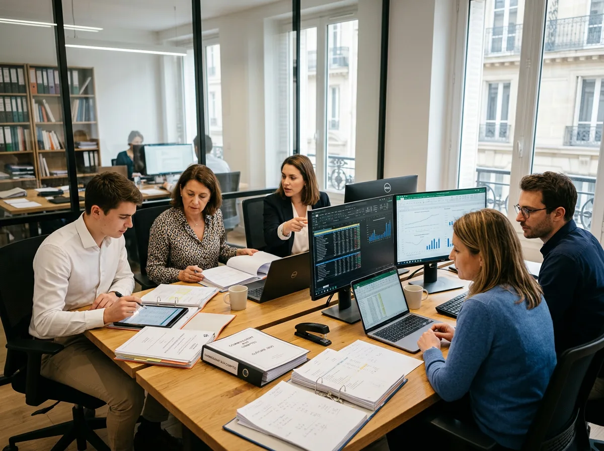 Collaborateurs d'un cabinet d'expertise comptable en réunion autour de dossiers et d'écrans