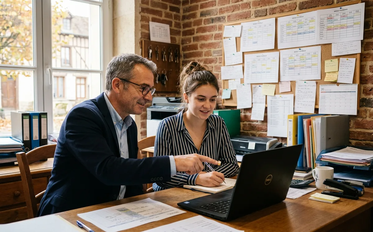 Gérant d'hôtel et salariée examinant ensemble les documents de la mutuelle au back-office