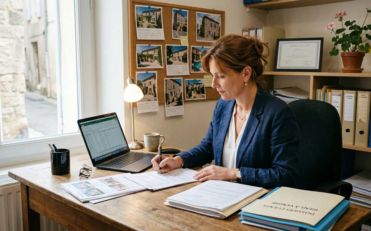Responsable d'agence immobilière traitant les documents administratifs de sa mutuelle d'entreprise