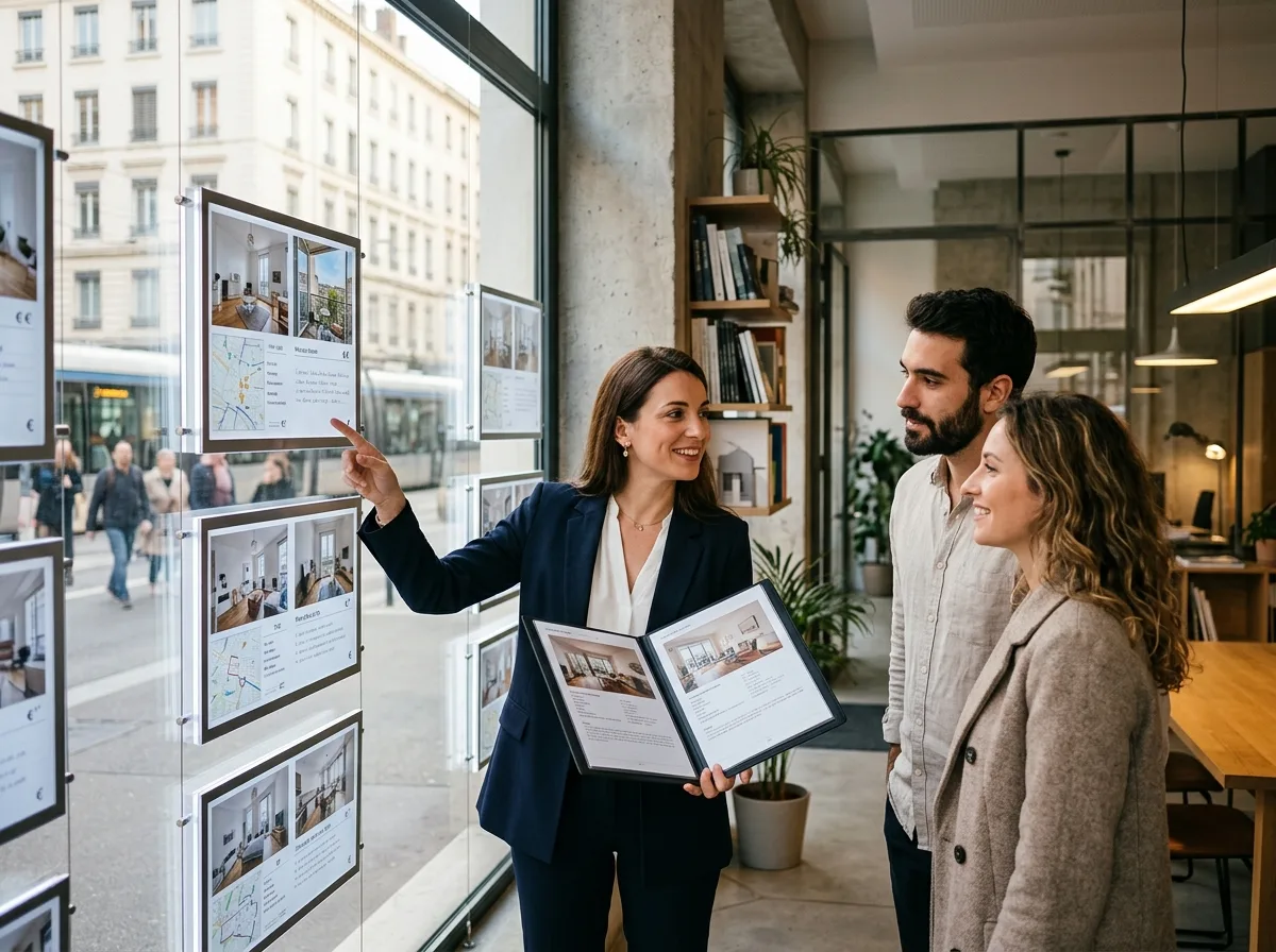 Agent immobilier présentant des annonces à des clients devant la vitrine d'une agence