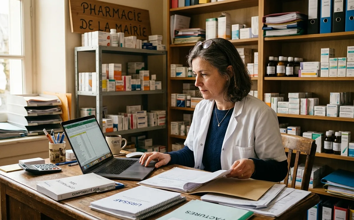 Pharmacien titulaire gérant les documents de sa mutuelle d'entreprise dans l'arrière-officine
