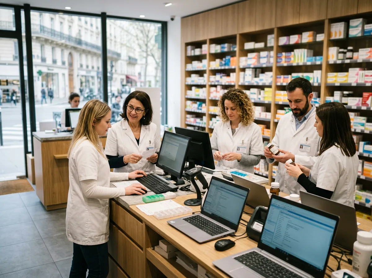 Équipe d'une pharmacie d'officine en blouse blanche au comptoir