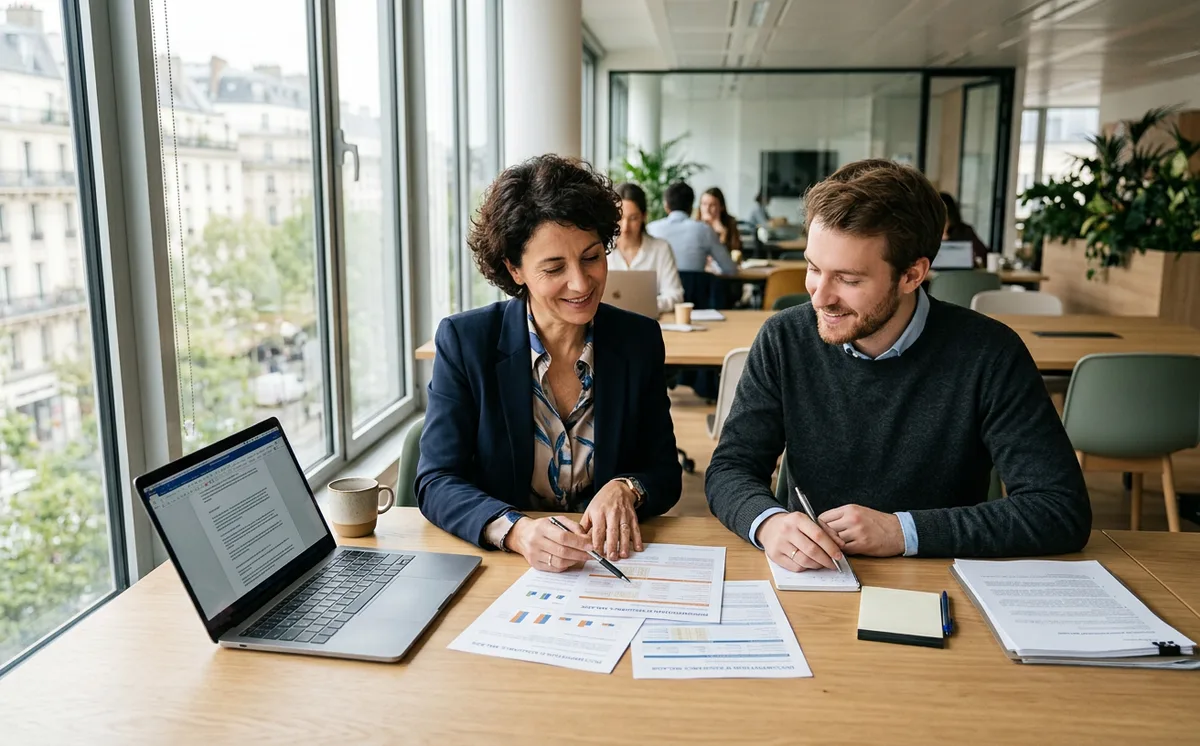 Responsable RH et salarié examinant ensemble les documents de la mutuelle d'entreprise