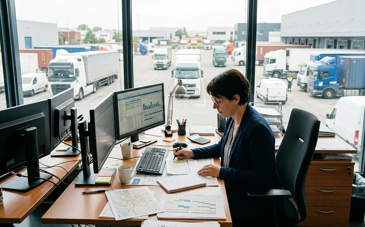 Exploitant d'une entreprise de transport au bureau, documents de gestion en main